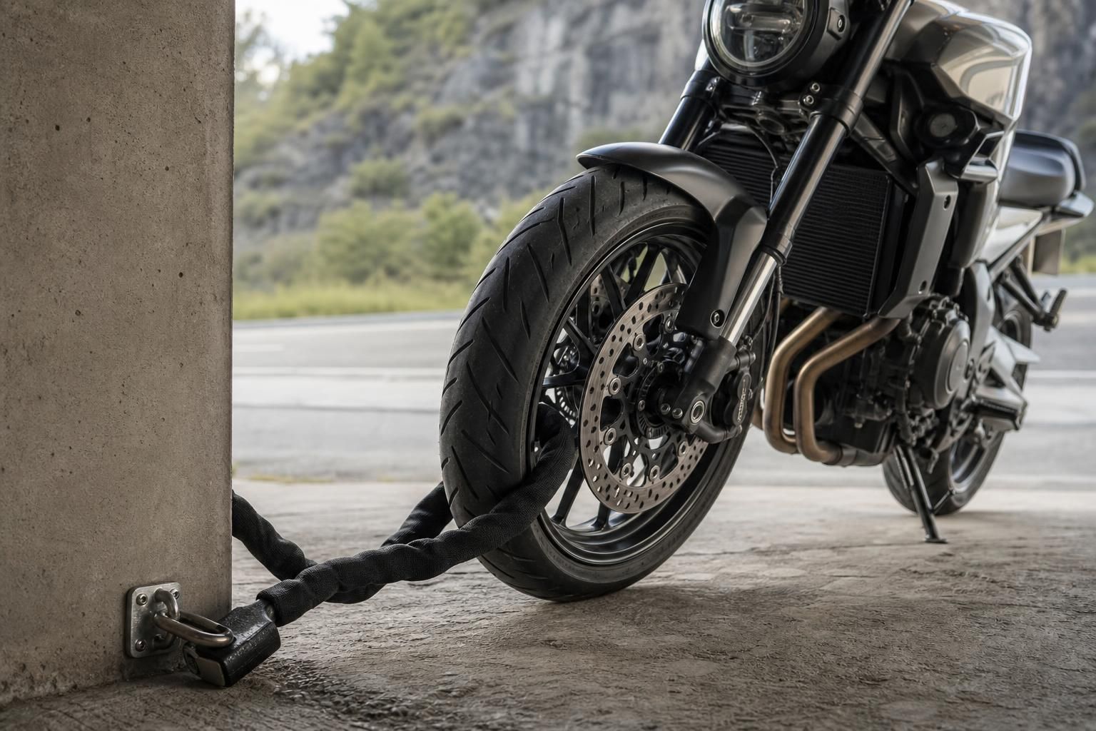Cadena antirrobo para moto resistente para asegurar la moto a un punto fijo en la calle