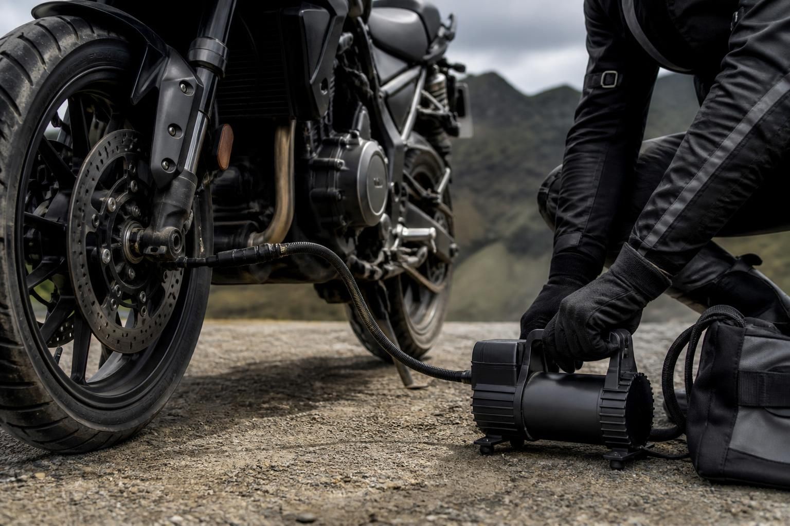 Compresor portátil para moto inflando el neumático de una motocicleta