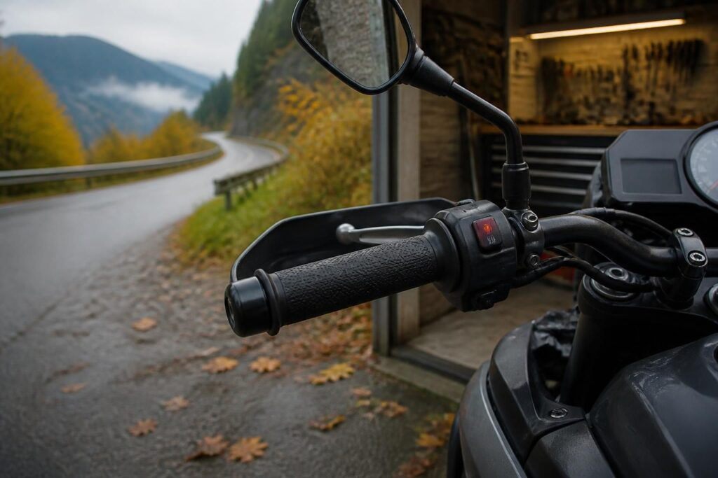 Puños calefactables para moto instalados en una moto para uso en invierno
